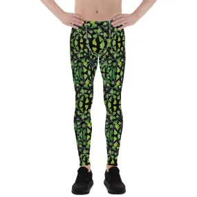 Green Maidenhair Fern Leaf Meggings, Black Leaves Printed Men's Leggings -Made in USA/EU