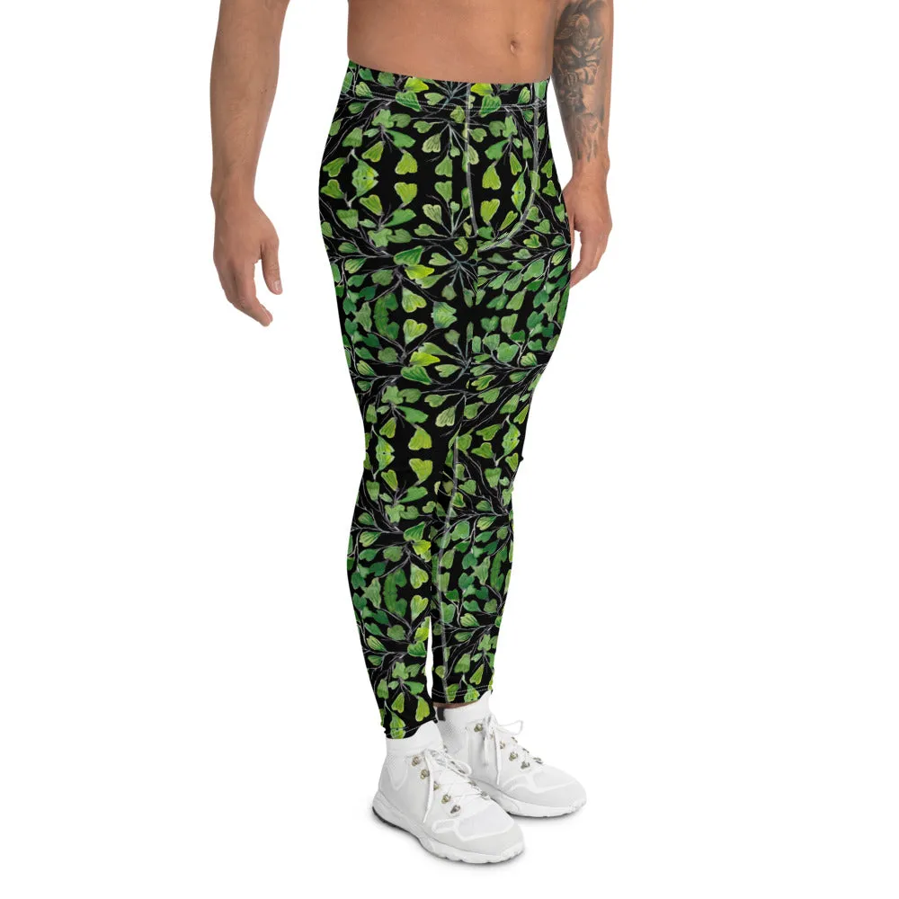 Green Maidenhair Fern Leaf Meggings, Black Leaves Printed Men's Leggings -Made in USA/EU