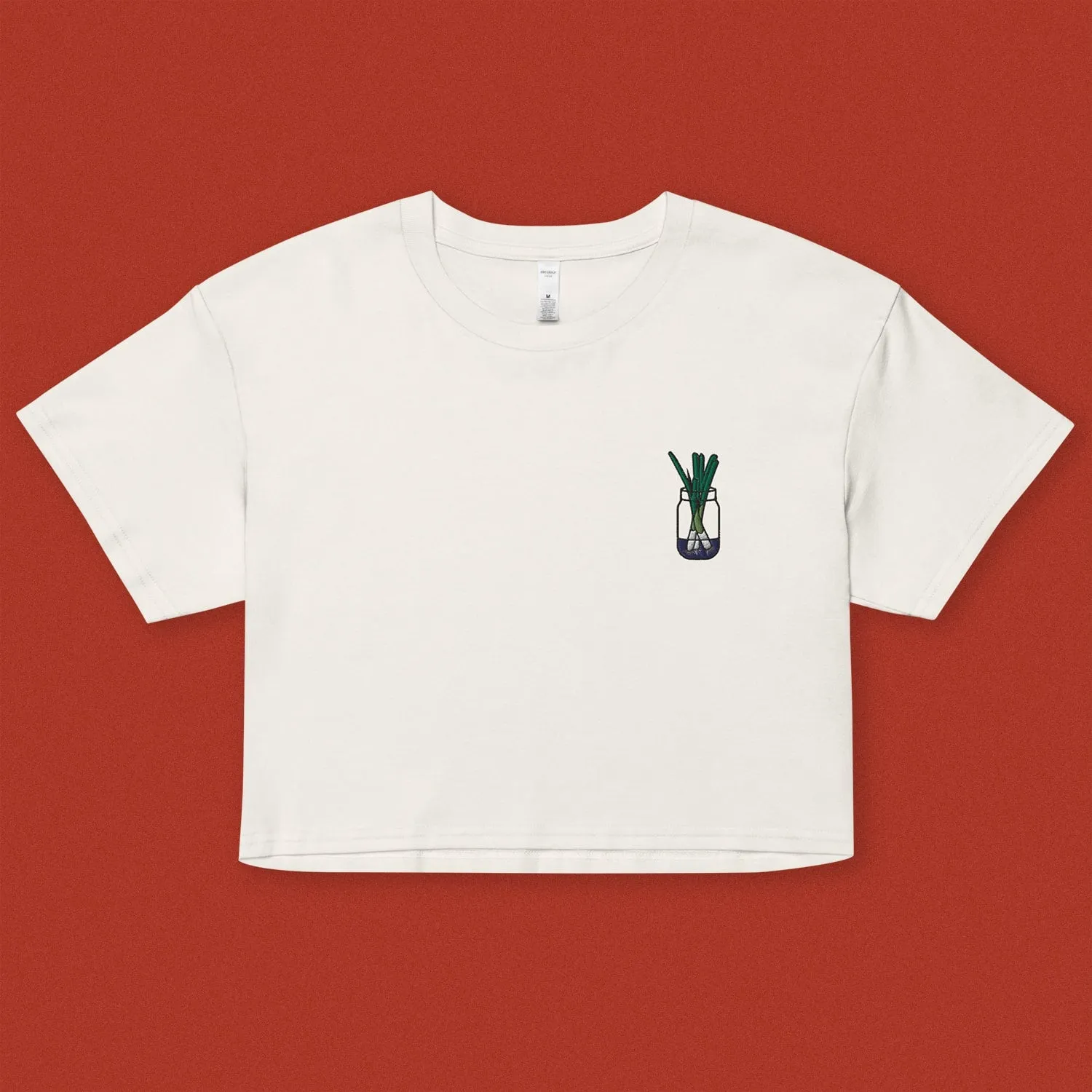 Green Onion Embroidered Crop T-Shirt