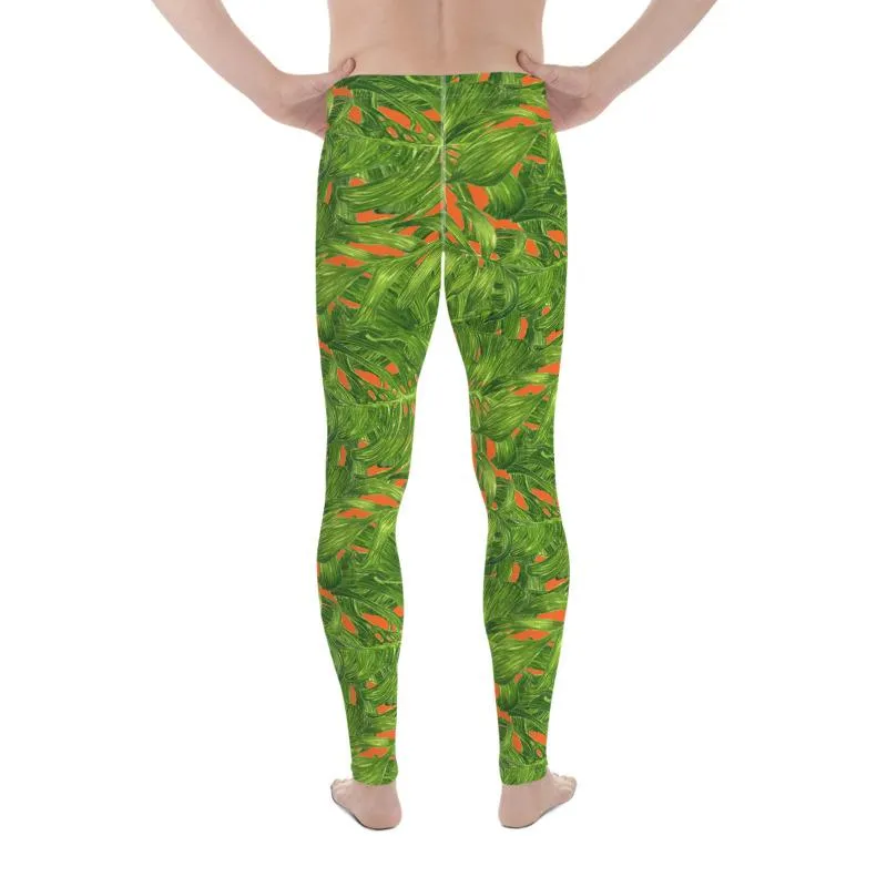 Green Palm Leaf Men's Tights, Best Orange Green Hawaiian Style Tropical Leaf Print Men's Leggings Meggings- Made in USA