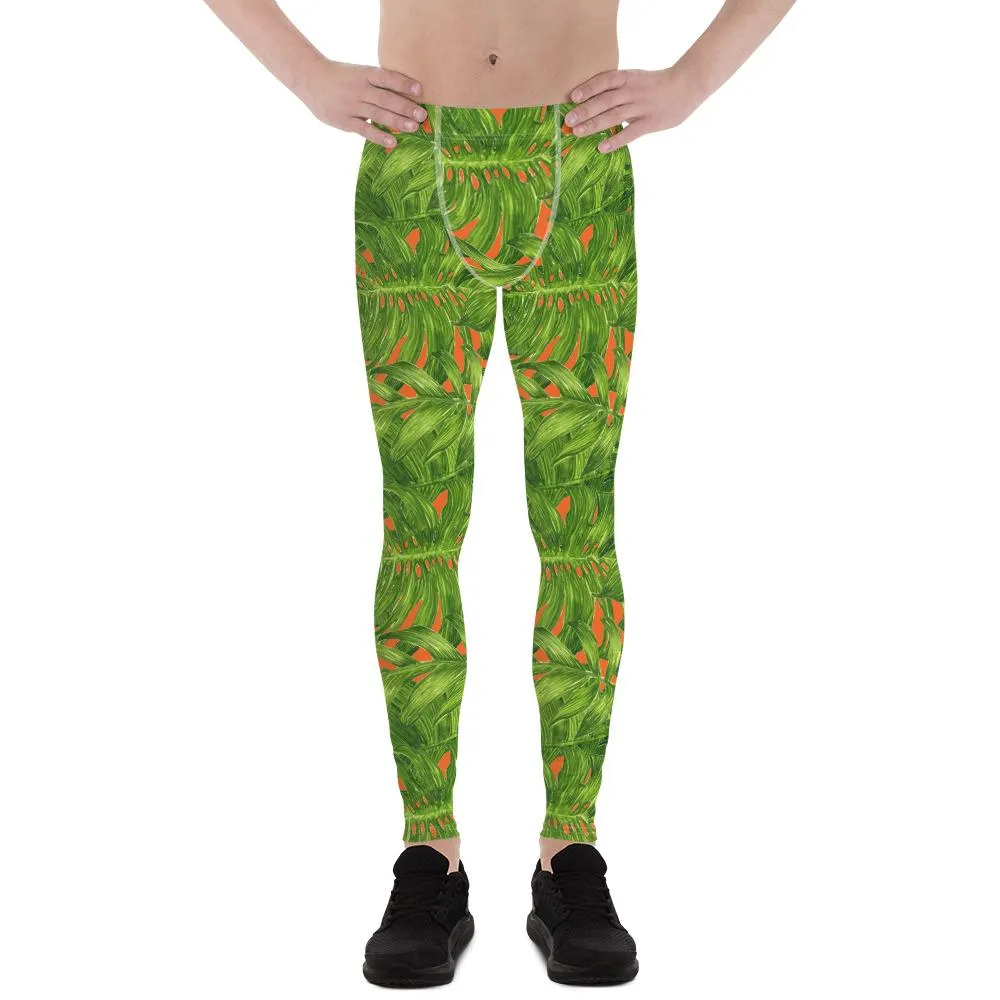 Green Palm Leaf Men's Tights, Best Orange Green Hawaiian Style Tropical Leaf Print Men's Leggings Meggings- Made in USA