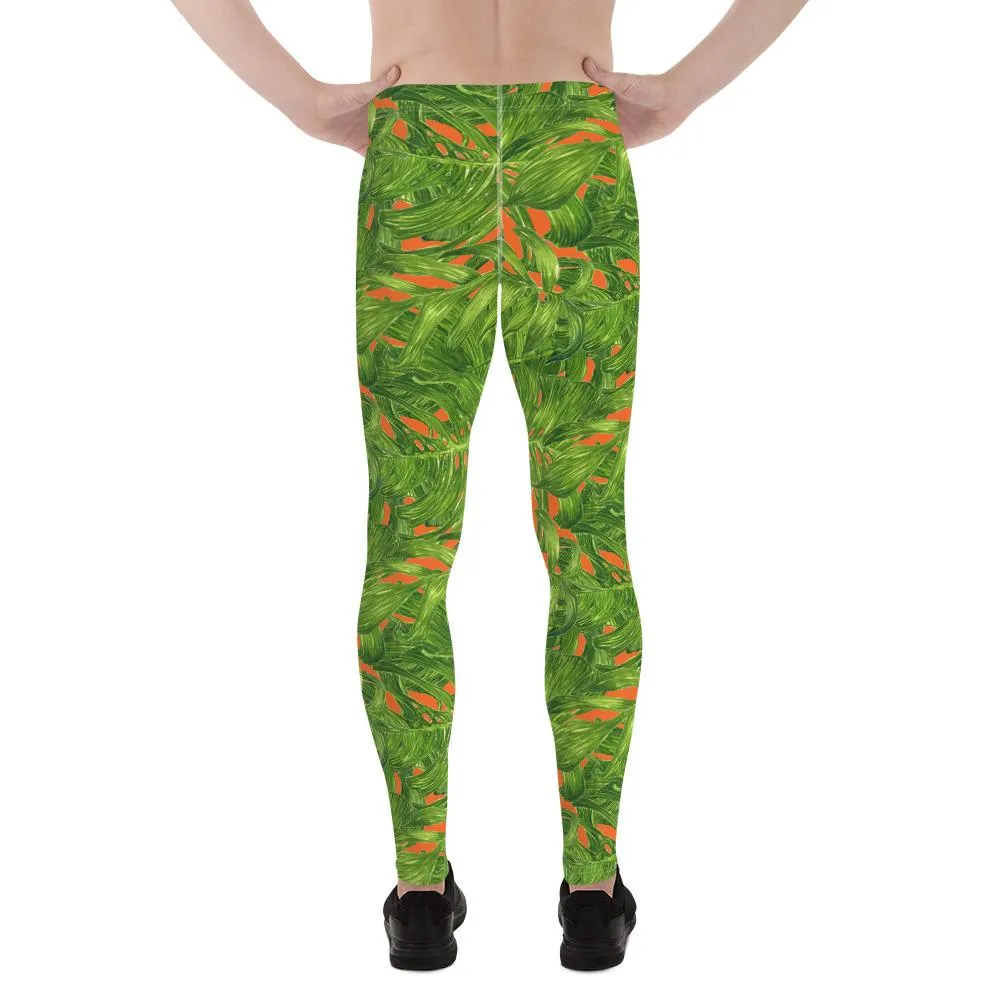 Green Palm Leaf Men's Tights, Best Orange Green Hawaiian Style Tropical Leaf Print Men's Leggings Meggings- Made in USA