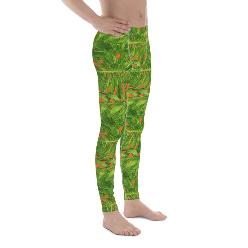 Green Palm Leaf Men's Tights, Best Orange Green Hawaiian Style Tropical Leaf Print Men's Leggings Meggings- Made in USA