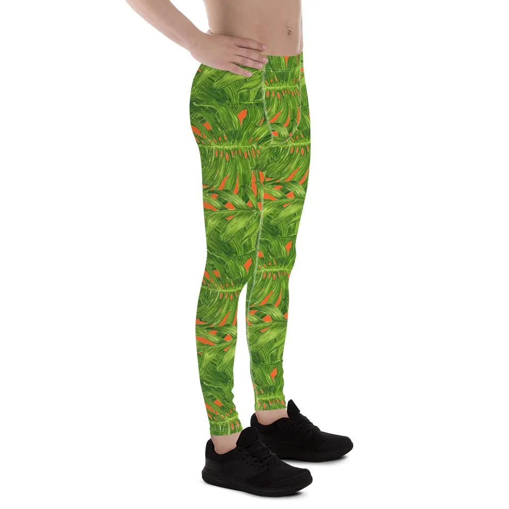 Green Palm Leaf Men's Tights, Best Orange Green Hawaiian Style Tropical Leaf Print Men's Leggings Meggings- Made in USA