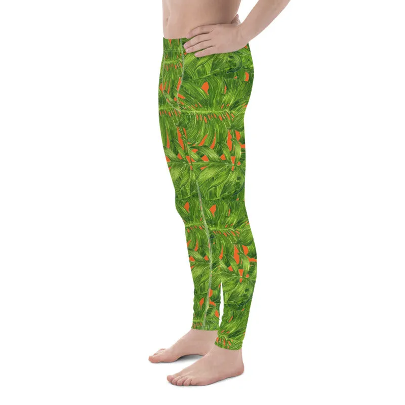 Green Palm Leaf Men's Tights, Best Orange Green Hawaiian Style Tropical Leaf Print Men's Leggings Meggings- Made in USA