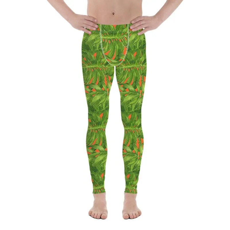 Green Palm Leaf Men's Tights, Best Orange Green Hawaiian Style Tropical Leaf Print Men's Leggings Meggings- Made in USA