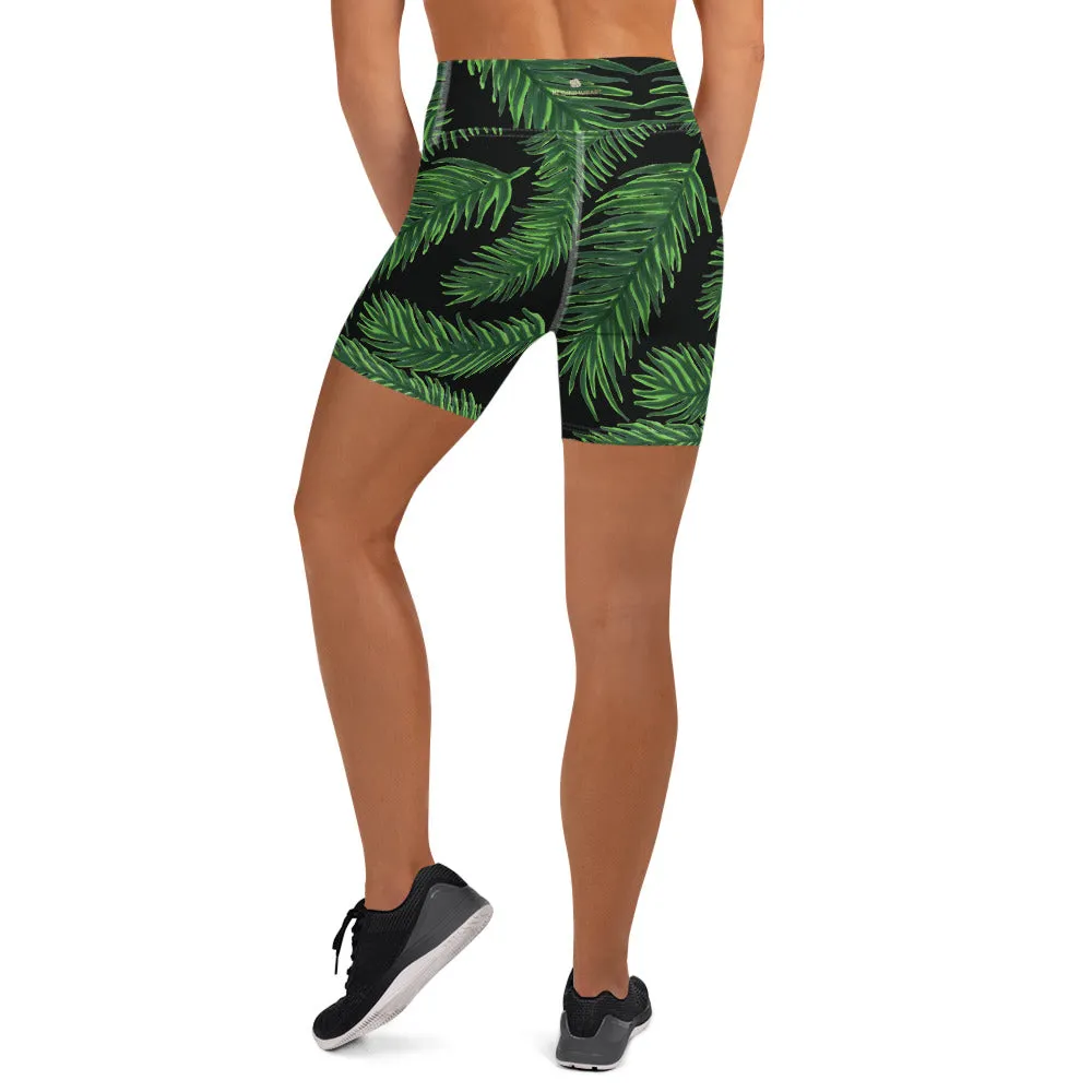 Green Palm Leaf Yoga Shorts, Tropical Leaves Print Women's Short Tights-Made in USA/EU