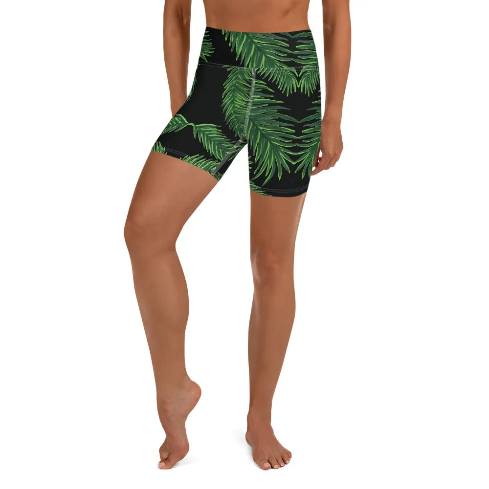 Green Palm Leaf Yoga Shorts, Tropical Leaves Print Women's Short Tights-Made in USA/EU