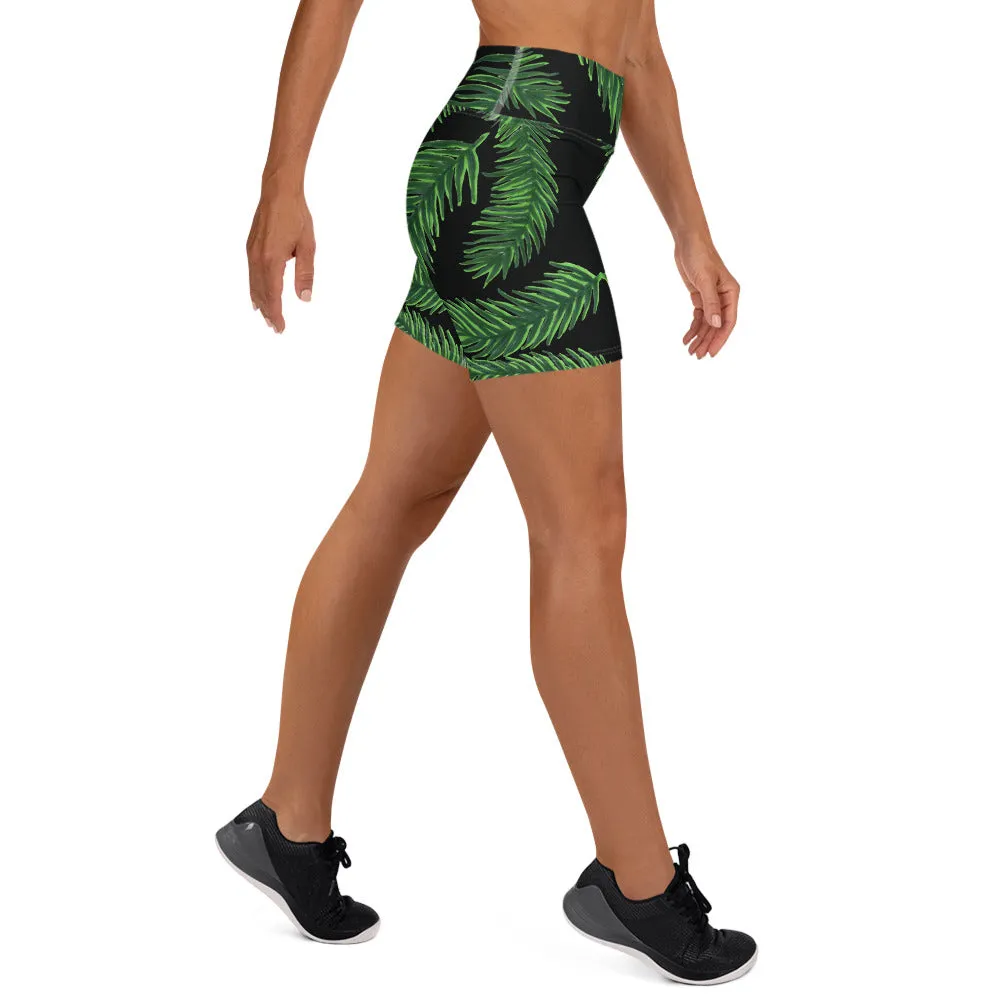 Green Palm Leaf Yoga Shorts, Tropical Leaves Print Women's Short Tights-Made in USA/EU