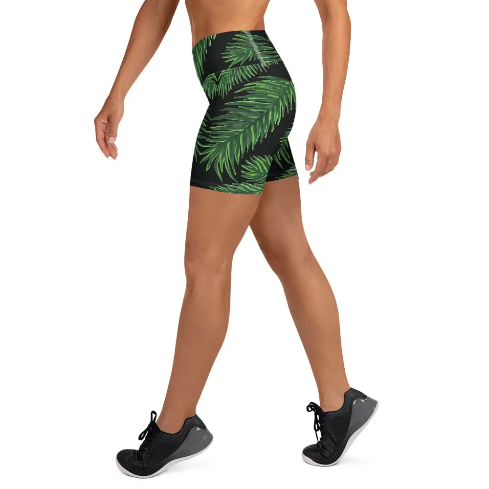 Green Palm Leaf Yoga Shorts, Tropical Leaves Print Women's Short Tights-Made in USA/EU