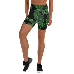 Green Palm Leaf Yoga Shorts, Tropical Leaves Print Women's Short Tights-Made in USA/EU