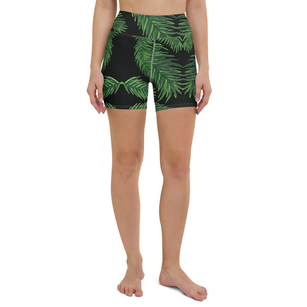 Green Palm Leaf Yoga Shorts, Tropical Leaves Print Women's Short Tights-Made in USA/EU