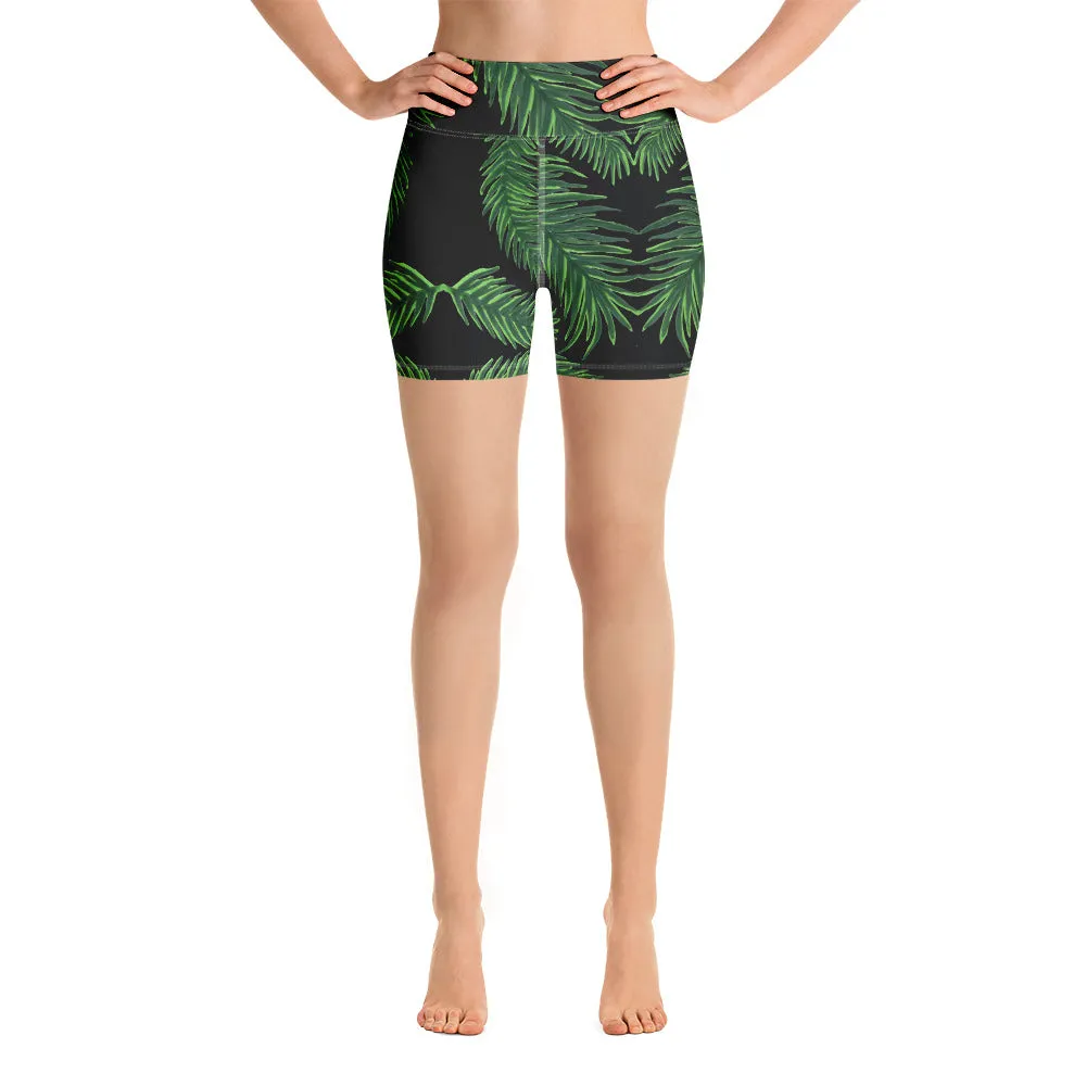 Green Palm Leaf Yoga Shorts, Tropical Leaves Print Women's Short Tights-Made in USA/EU