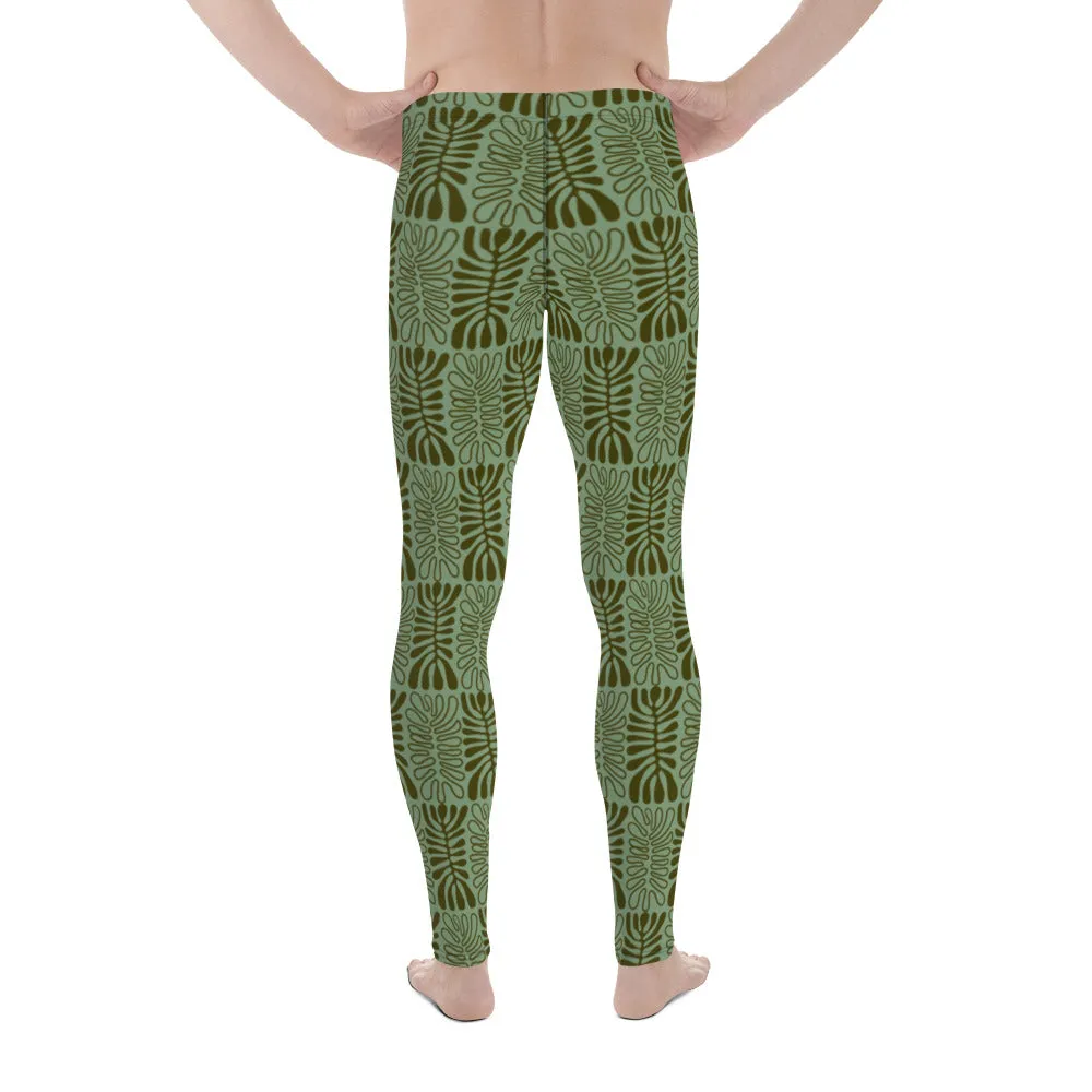 Green Tropical Patterned Men's Leggings, Tropical Leaves Print Meggings Tights-Made in USA/EU