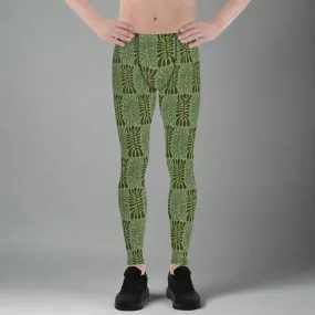 Green Tropical Patterned Men's Leggings, Tropical Leaves Print Meggings Tights-Made in USA/EU