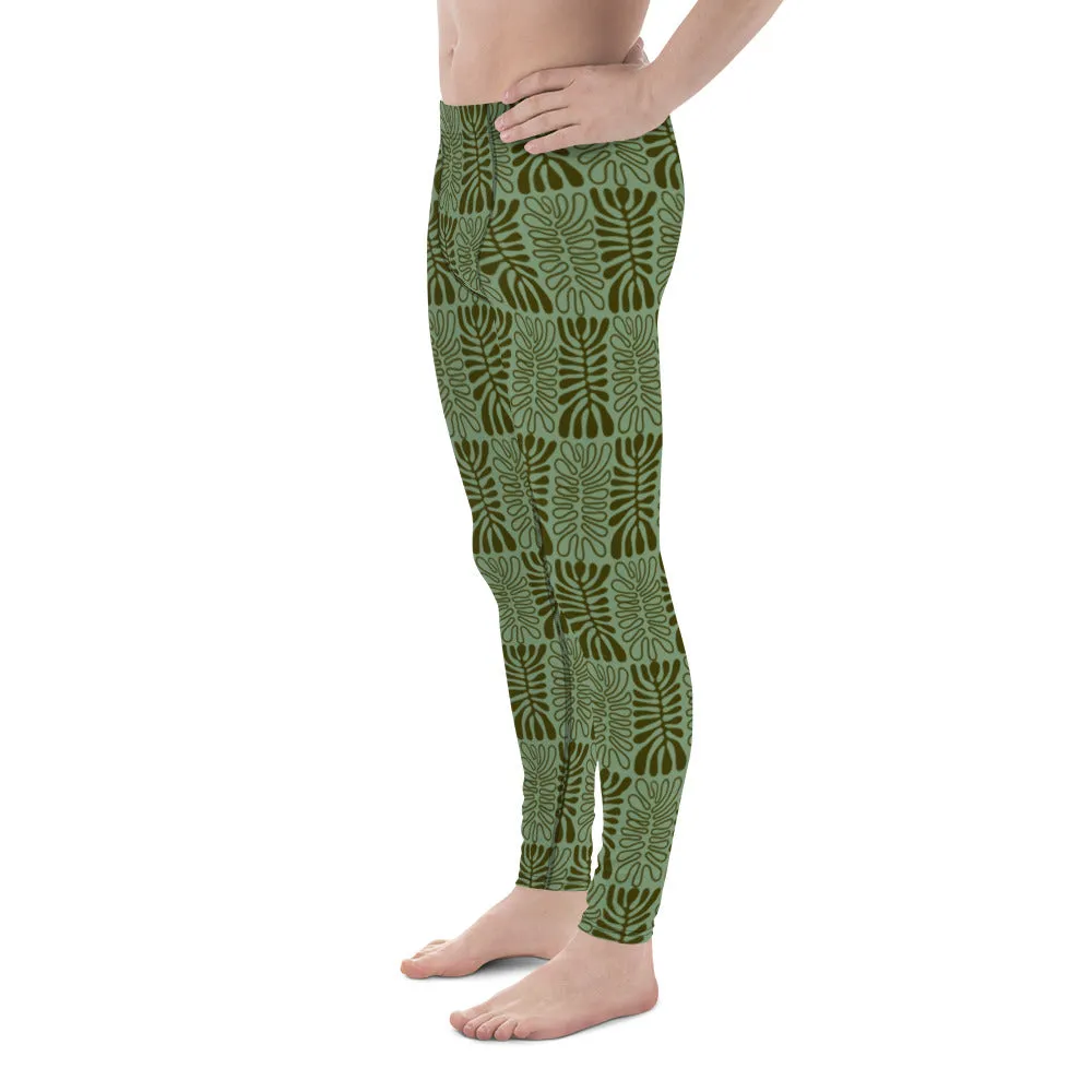 Green Tropical Patterned Men's Leggings, Tropical Leaves Print Meggings Tights-Made in USA/EU