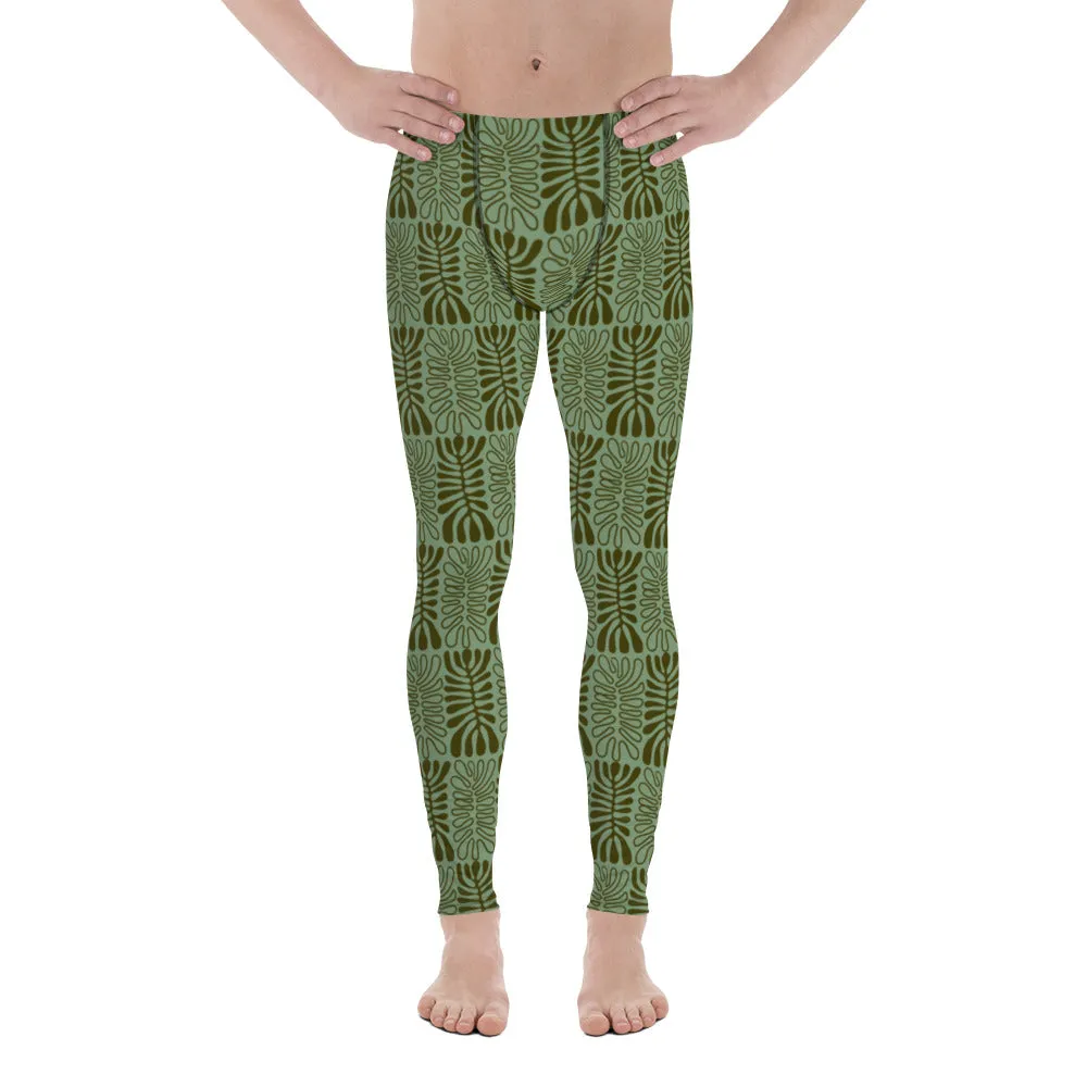 Green Tropical Patterned Men's Leggings, Tropical Leaves Print Meggings Tights-Made in USA/EU