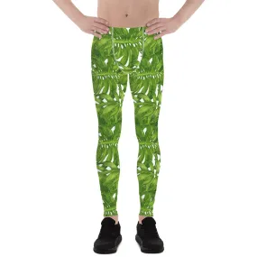 Green White Tropical Leaf Meggings, Best Designer White Green Tropical Leaves Print Men's Leggings Tights Meggings- Made in USA/EU