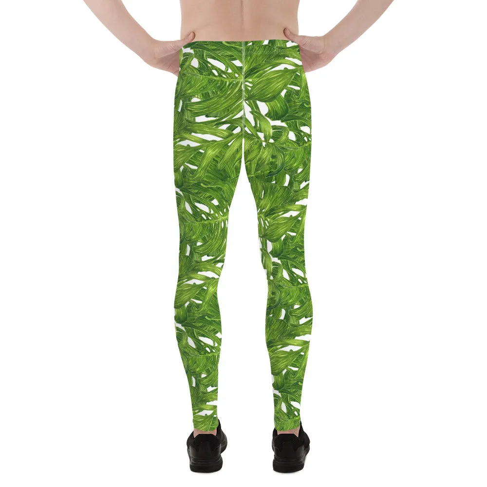 Green White Tropical Leaf Meggings, Best Designer White Green Tropical Leaves Print Men's Leggings Tights Meggings- Made in USA/EU