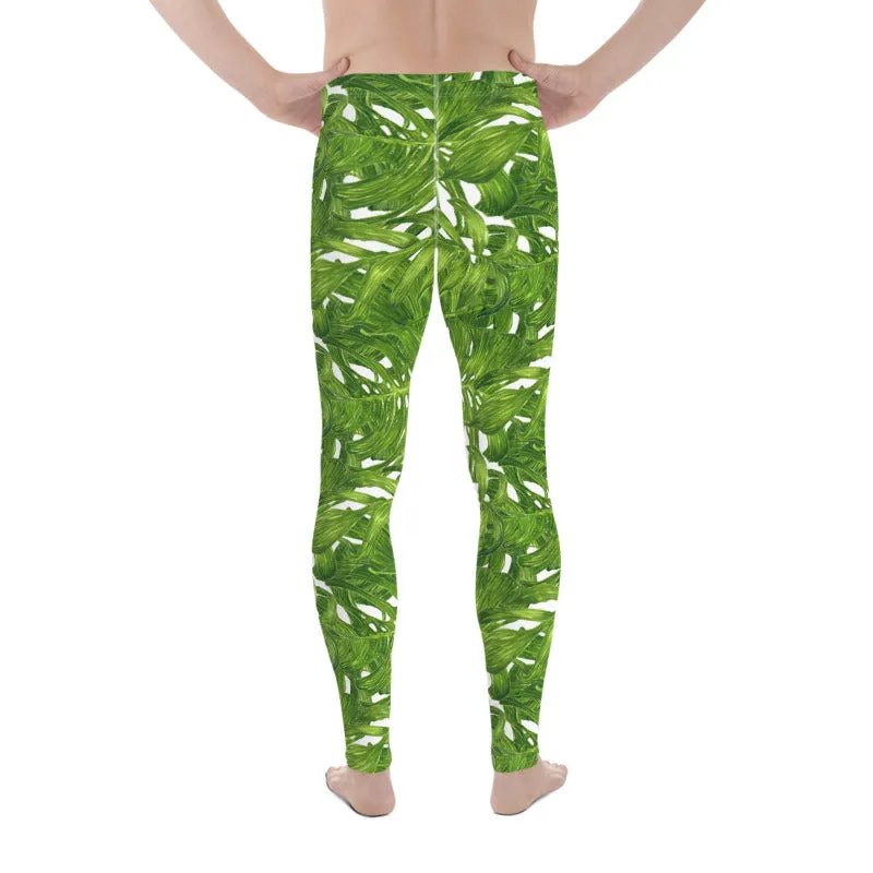 Green White Tropical Leaf Meggings, Best Designer White Green Tropical Leaves Print Men's Leggings Tights Meggings- Made in USA/EU