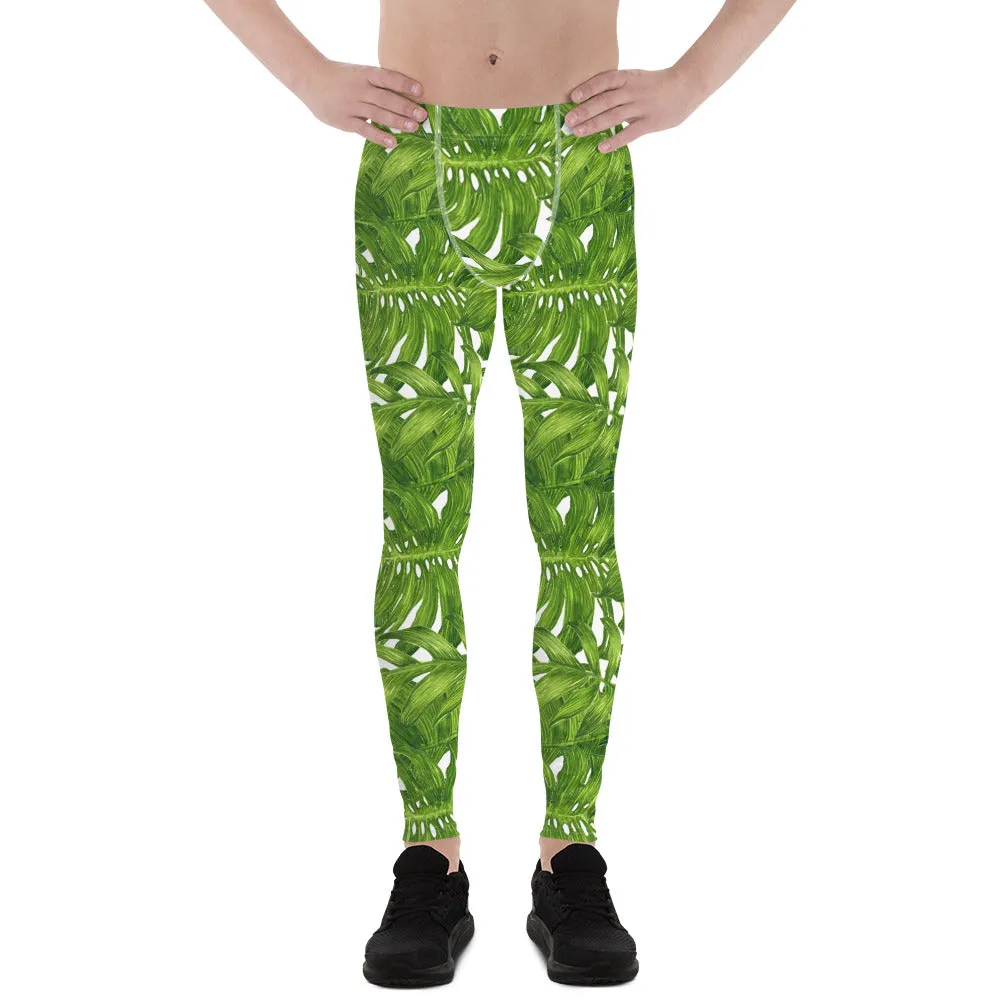 Green White Tropical Leaf Meggings, Best Designer White Green Tropical Leaves Print Men's Leggings Tights Meggings- Made in USA/EU