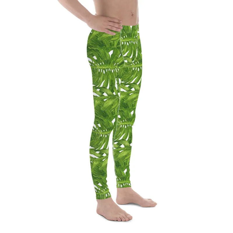 Green White Tropical Leaf Meggings, Best Designer White Green Tropical Leaves Print Men's Leggings Tights Meggings- Made in USA/EU