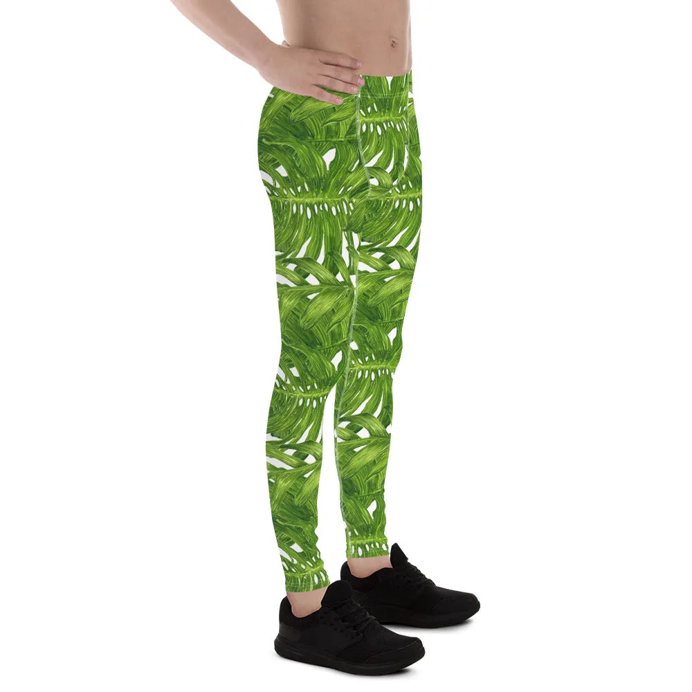 Green White Tropical Leaf Meggings, Best Designer White Green Tropical Leaves Print Men's Leggings Tights Meggings- Made in USA/EU