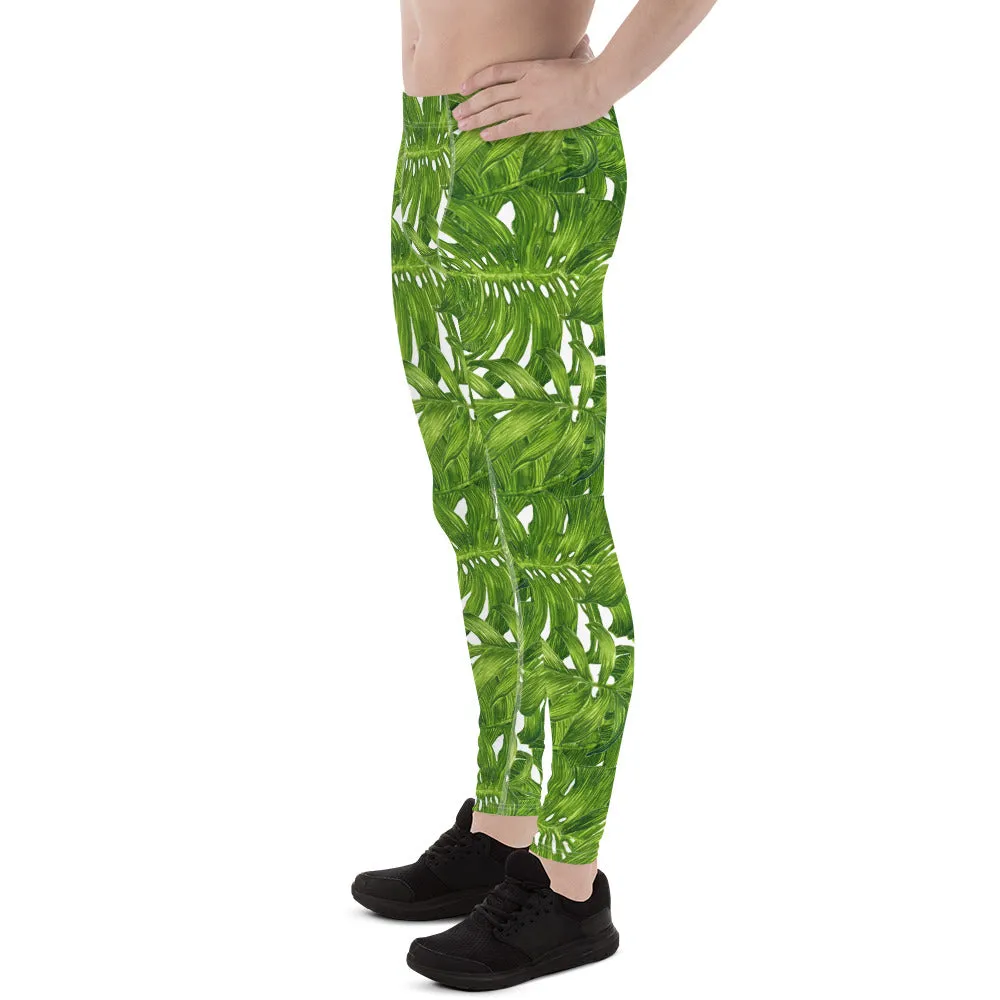 Green White Tropical Leaf Meggings, Best Designer White Green Tropical Leaves Print Men's Leggings Tights Meggings- Made in USA/EU