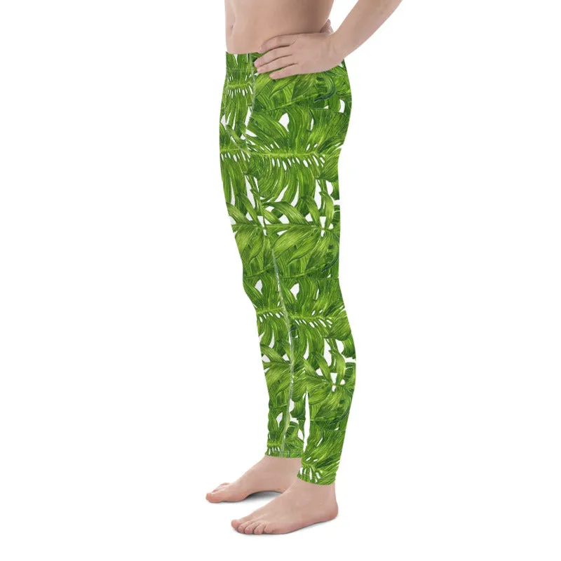 Green White Tropical Leaf Meggings, Best Designer White Green Tropical Leaves Print Men's Leggings Tights Meggings- Made in USA/EU