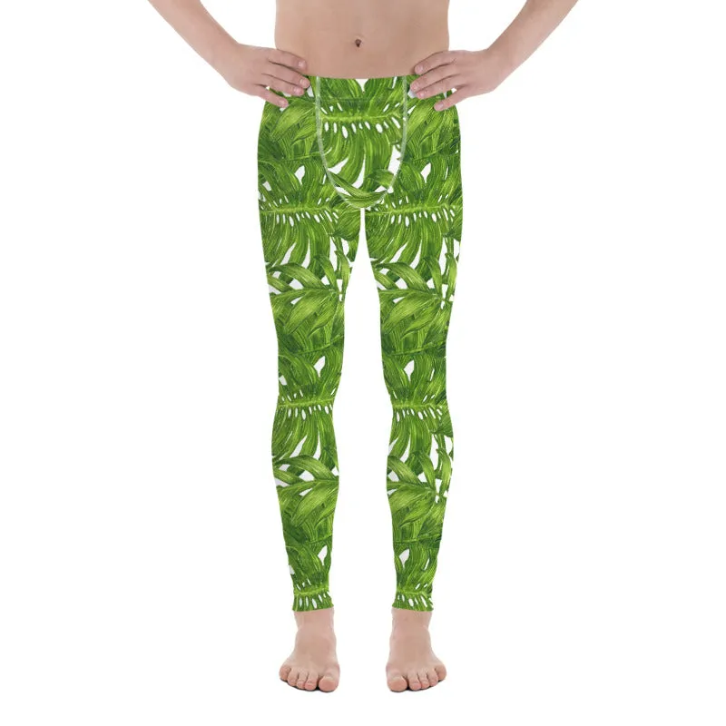 Green White Tropical Leaf Meggings, Best Designer White Green Tropical Leaves Print Men's Leggings Tights Meggings- Made in USA/EU