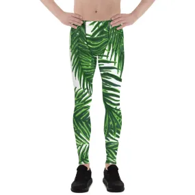 Green White Tropical Palm Leaf Print Designer Men's Leggings Tights - Made in USA/EU