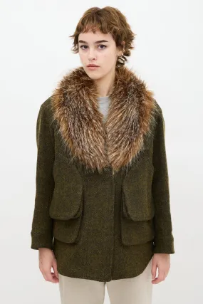 Green Wool Flak Faux Fur Jacket