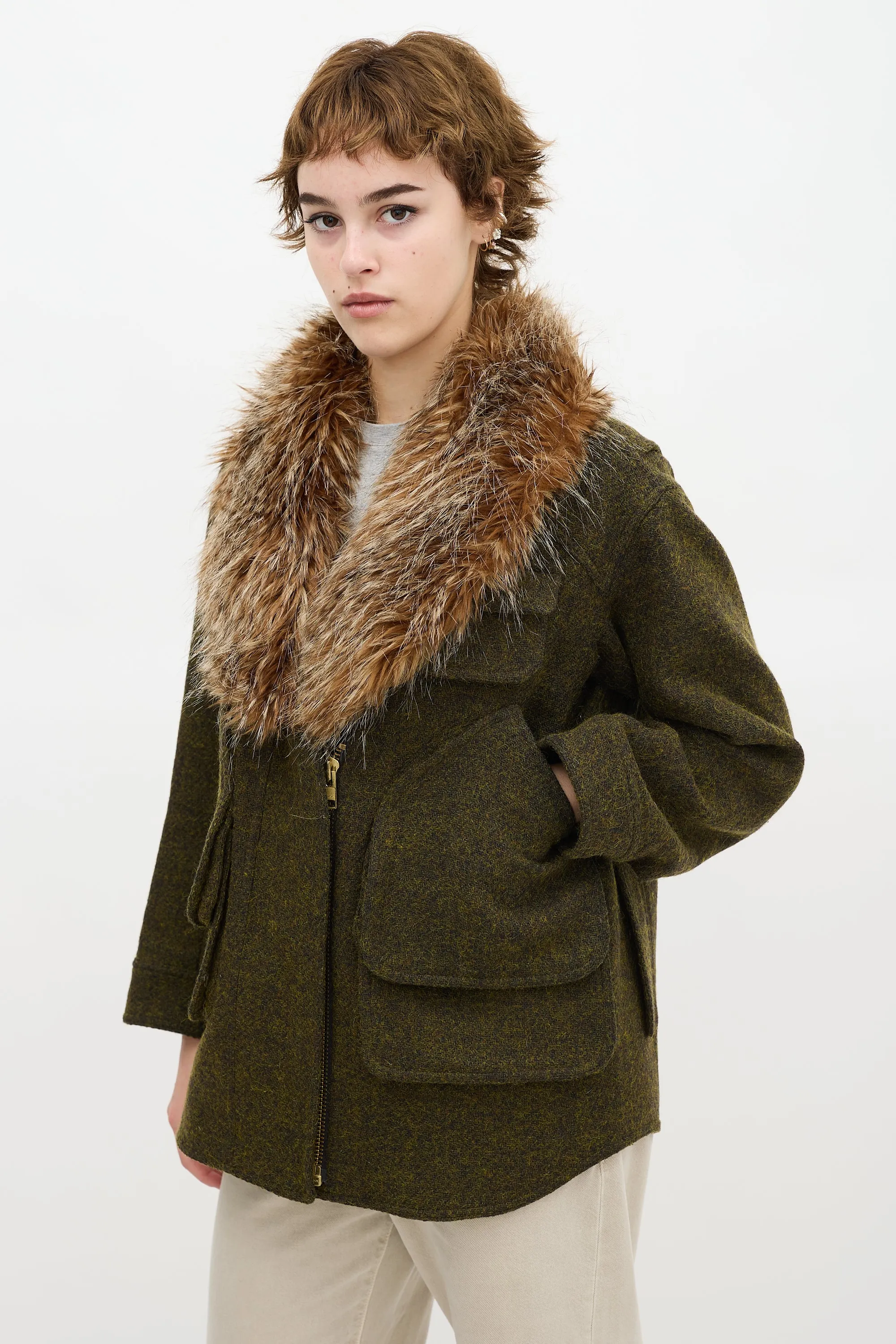 Green Wool Flak Faux Fur Jacket