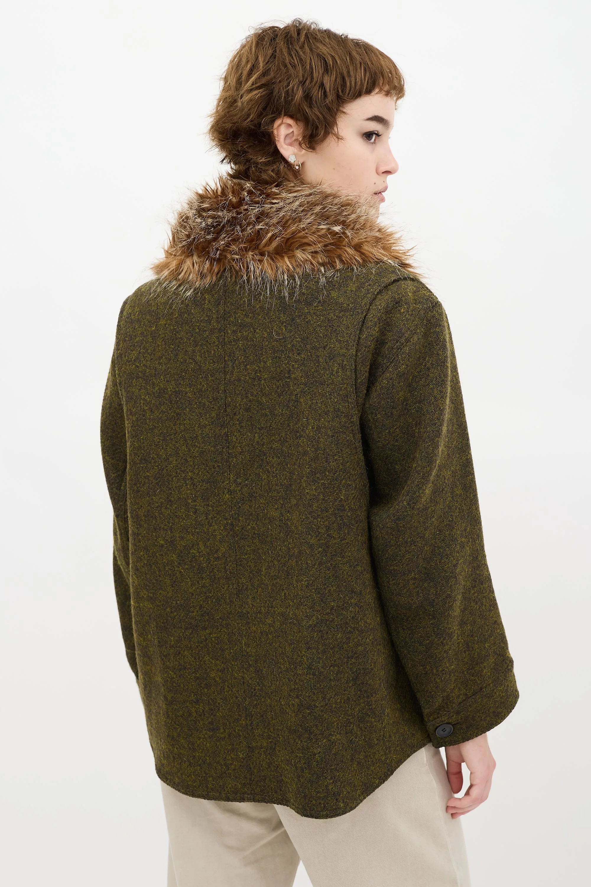 Green Wool Flak Faux Fur Jacket