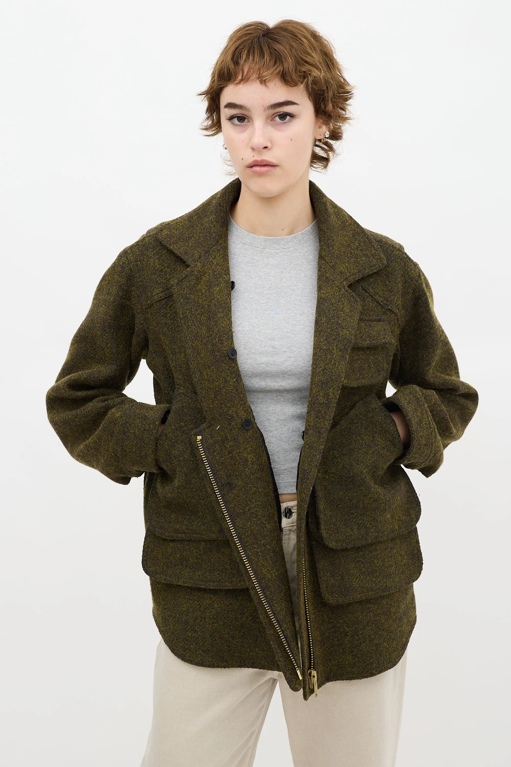 Green Wool Flak Faux Fur Jacket