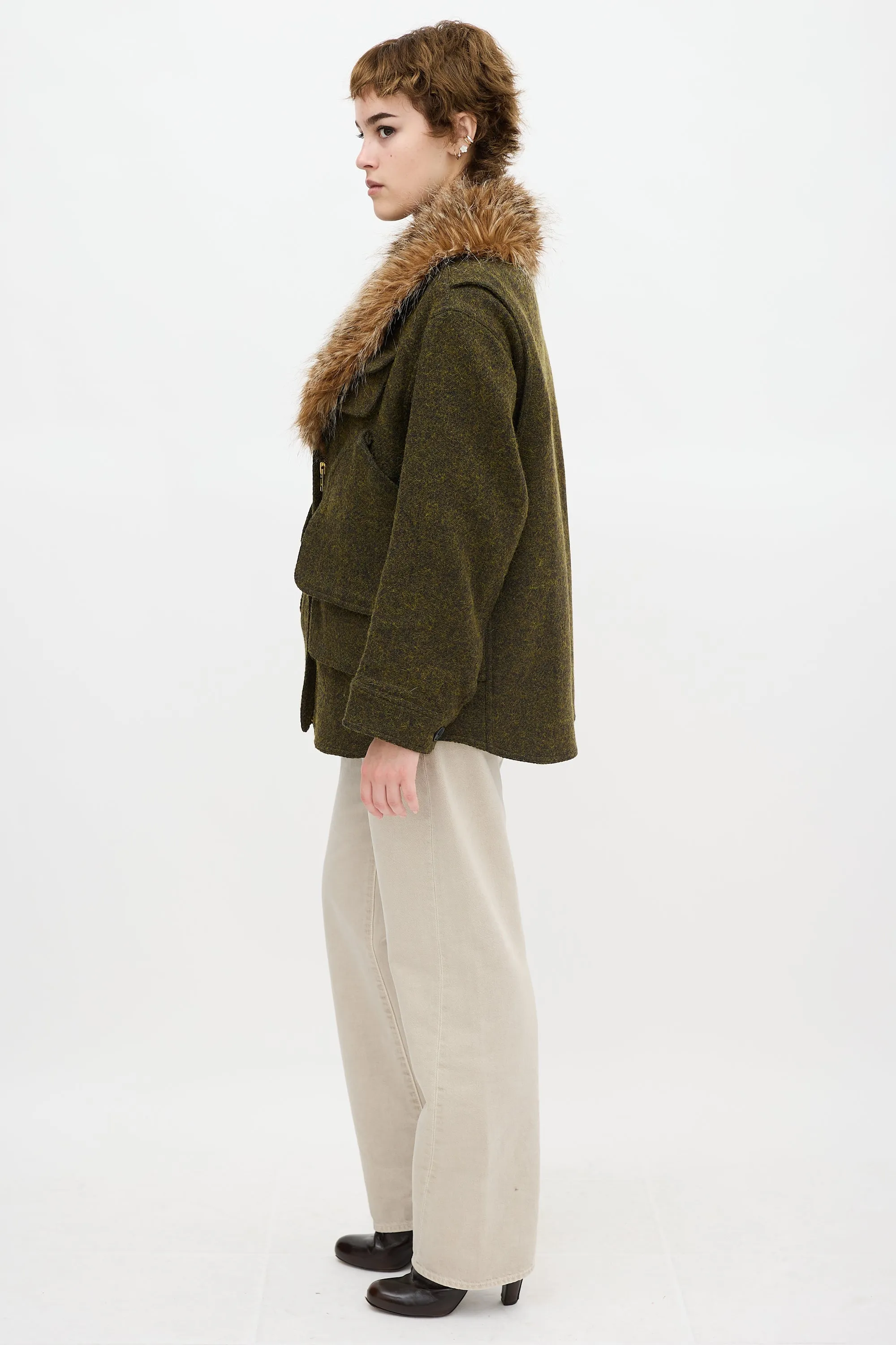 Green Wool Flak Faux Fur Jacket