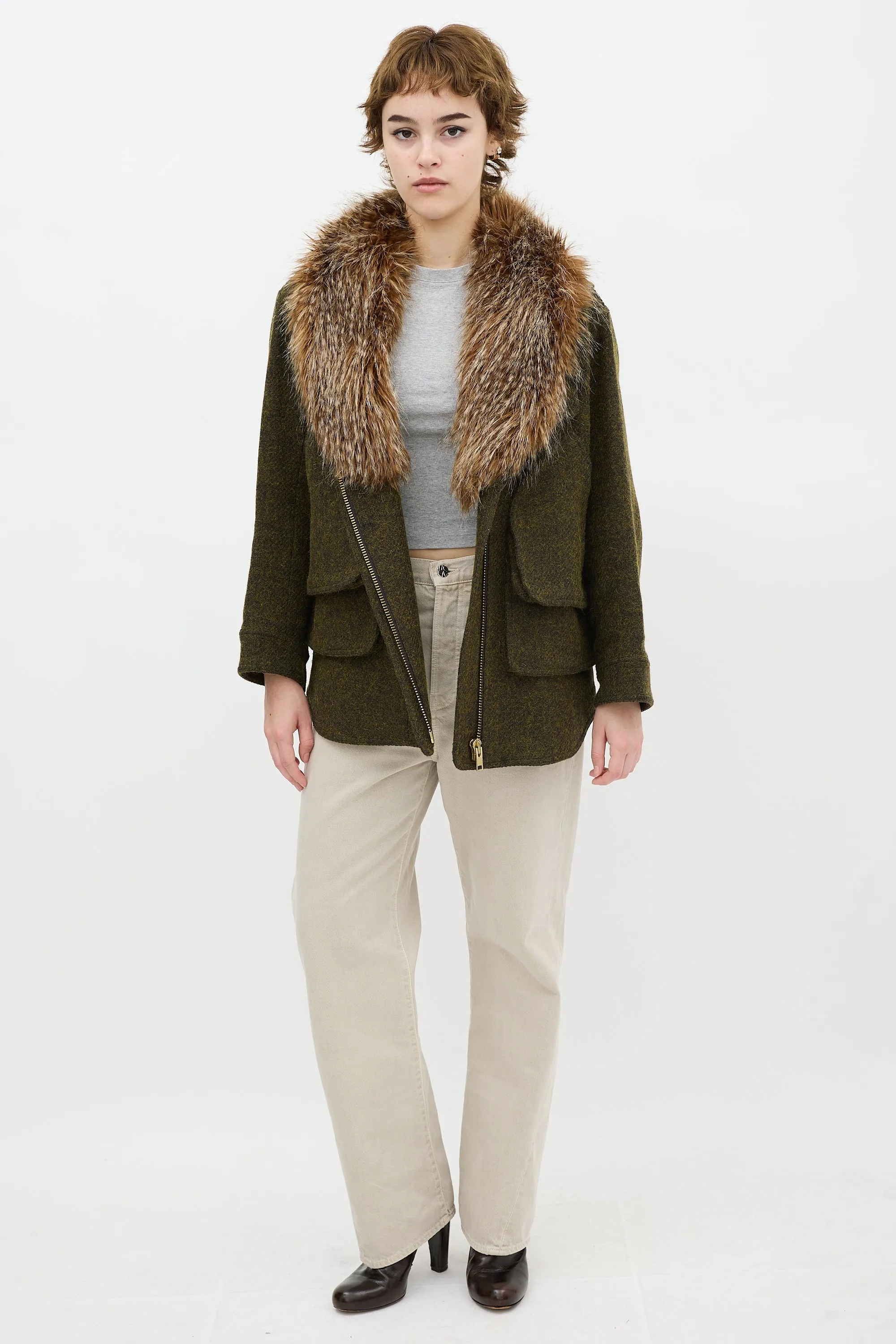 Green Wool Flak Faux Fur Jacket