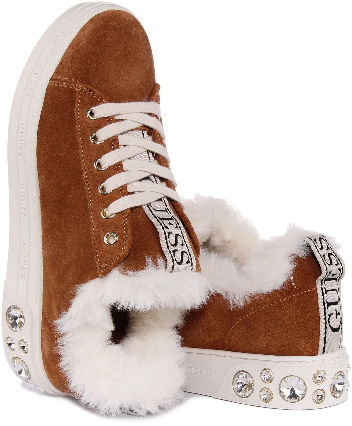 Guess Rivet Fur Cuff In Tan