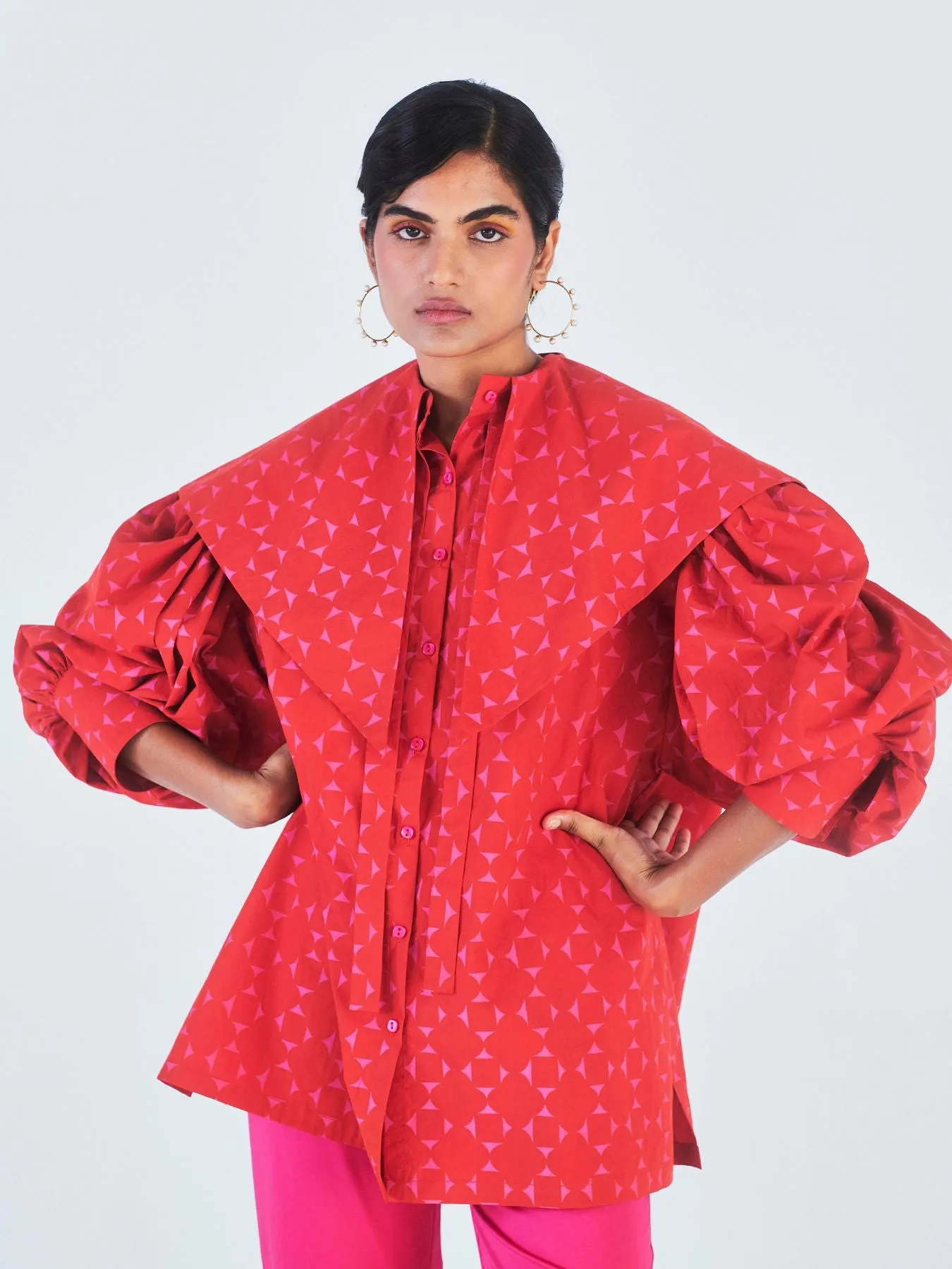 Gulmohar Collared Top, Red Geometric Print