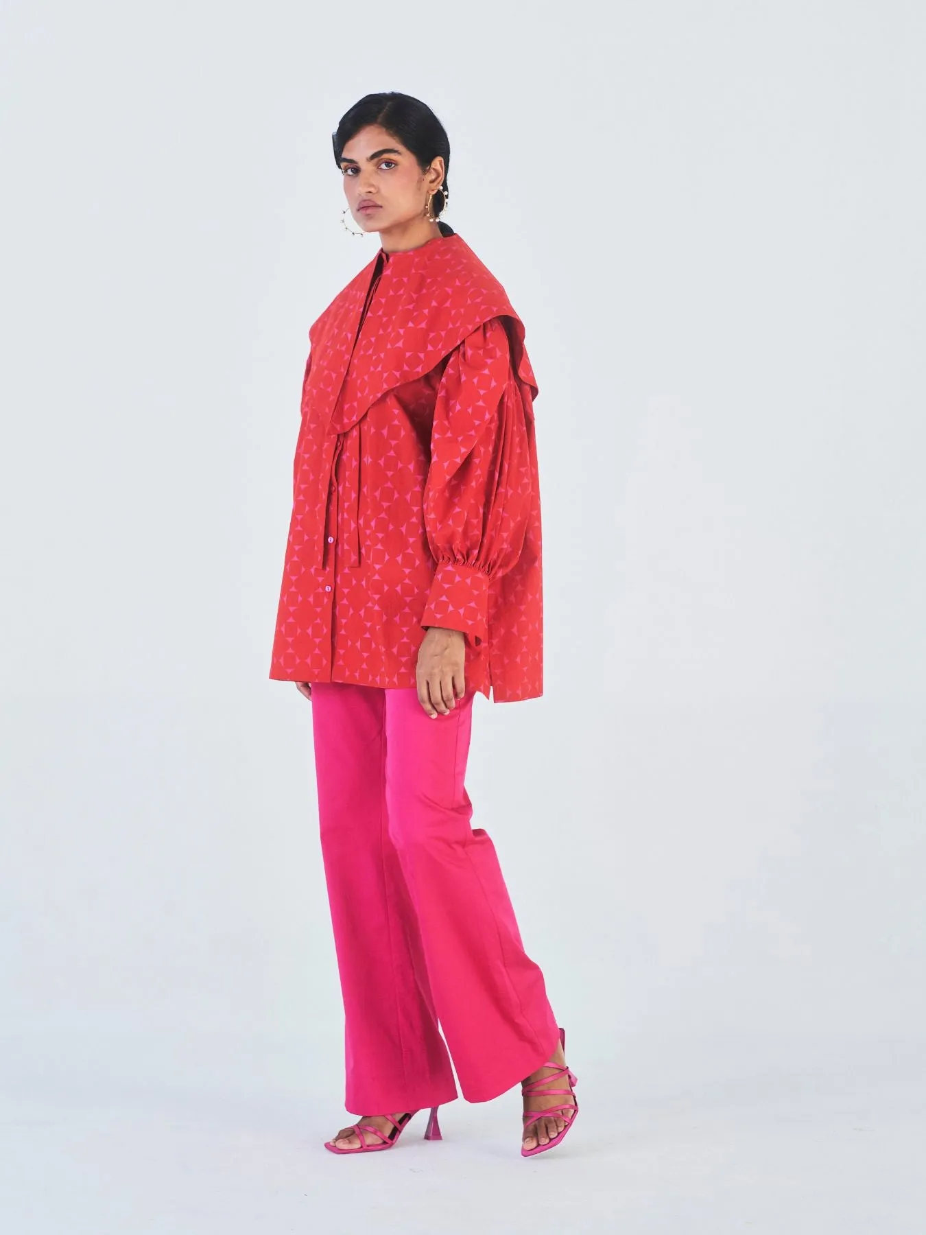 Gulmohar Collared Top, Red Geometric Print