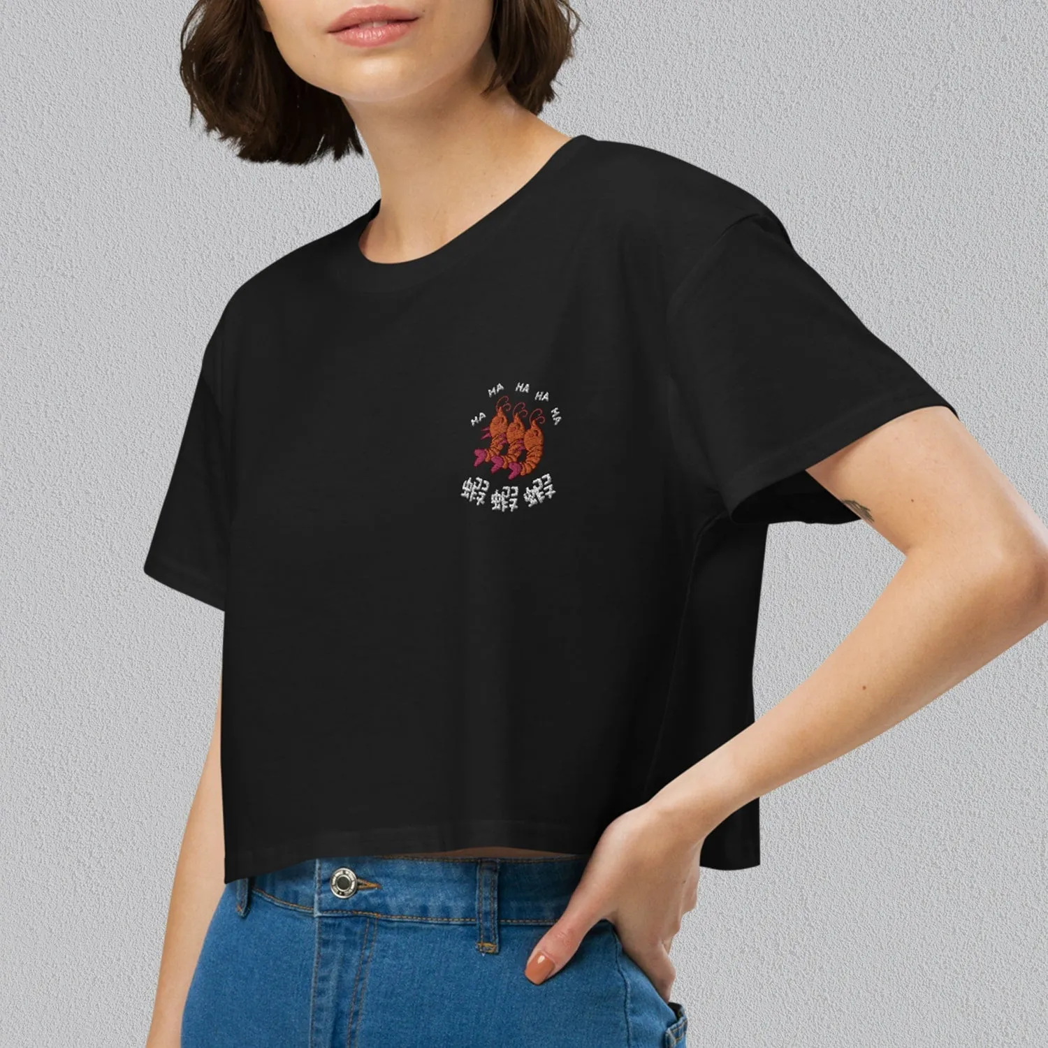 Ha Ha Ha (Shrimp) Embroidered Crop T-Shirt