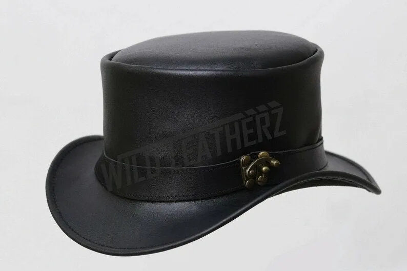 hand Made Classic Leather Black Steampunk Side Hook Buckle Lock Band Top Hat Corset Gothic