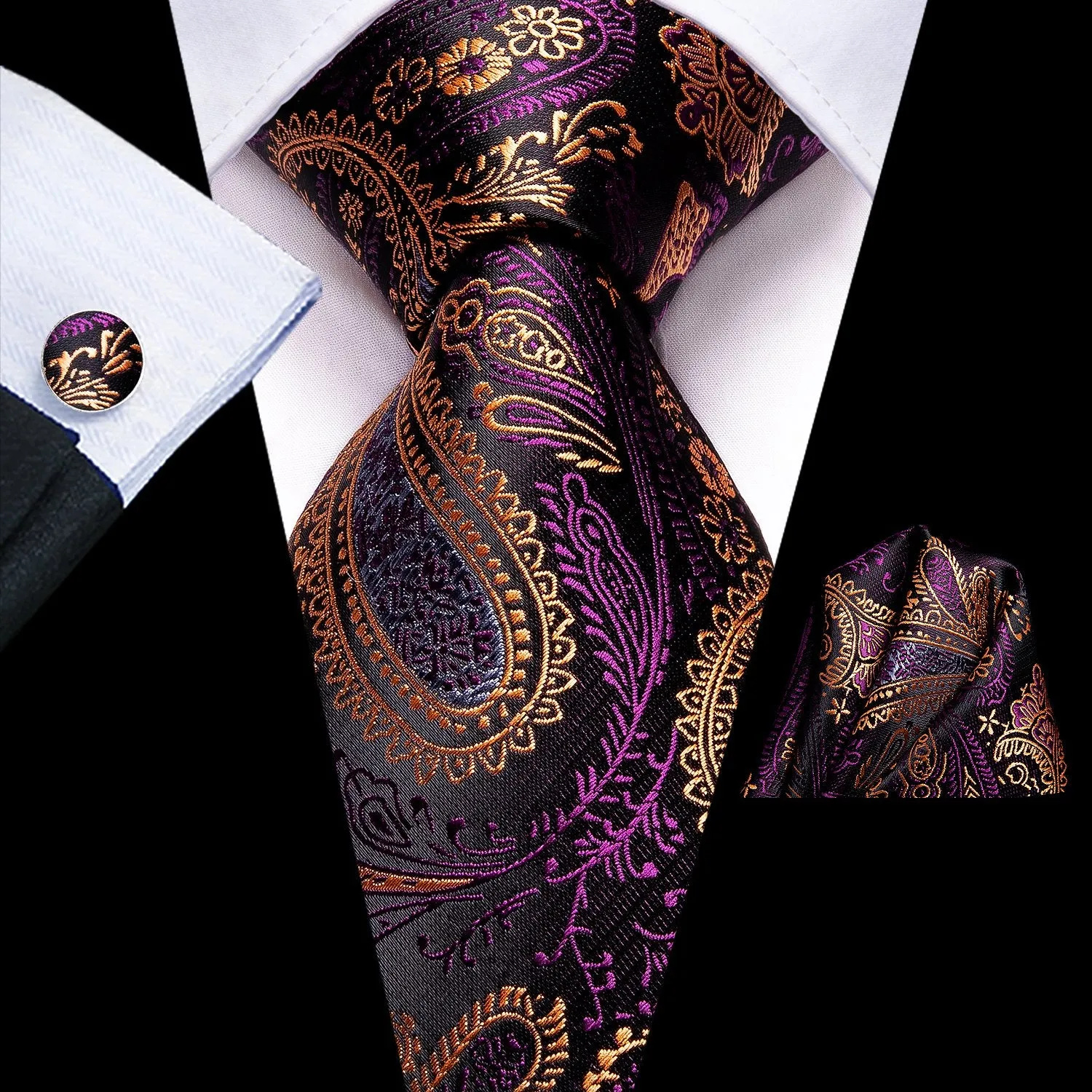 Hi-Tie Purple Paisley Silk Men's Tie Hanky Cufflinks Set Collar Pin