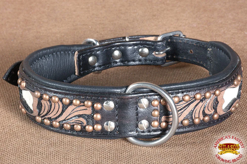 Hilason Heavy Duty Genuine Leather Dog Collar Floral Carving Dark Medium