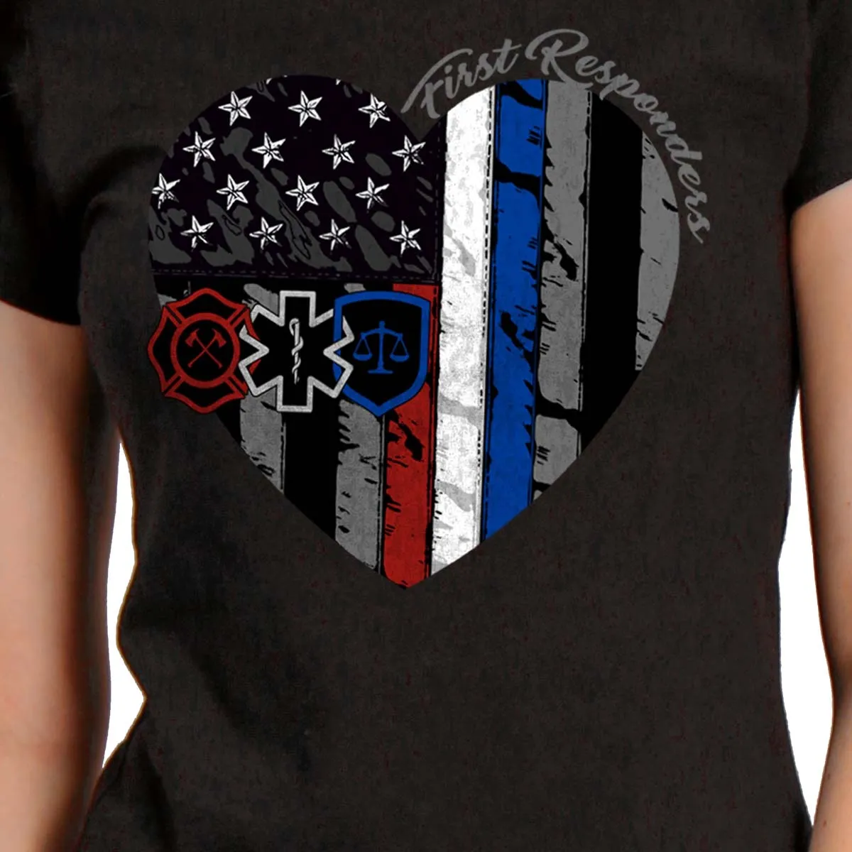 Hot Leathers GLR1517 Heart First Responders Ladies Black T-Shirt