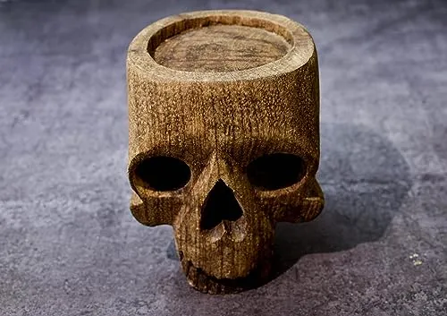 India House - Unleash Gothic Charm with The Enchanting Wooden Skull Tealight Holder: Perfect Oddities for Halloween and Beyond (Candle Holder Skull)