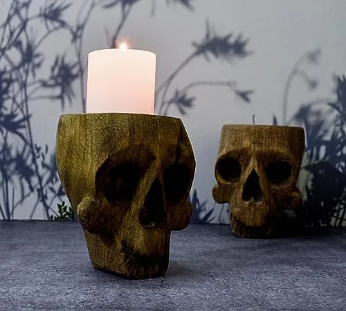 India House - Unleash Gothic Charm with The Enchanting Wooden Skull Tealight Holder: Perfect Oddities for Halloween and Beyond (Candle Holder Skull)