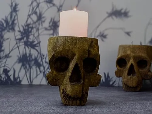 India House - Unleash Gothic Charm with The Enchanting Wooden Skull Tealight Holder: Perfect Oddities for Halloween and Beyond (Candle Holder Skull)