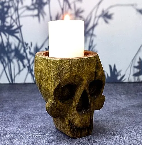 India House - Unleash Gothic Charm with The Enchanting Wooden Skull Tealight Holder: Perfect Oddities for Halloween and Beyond (Candle Holder Skull)