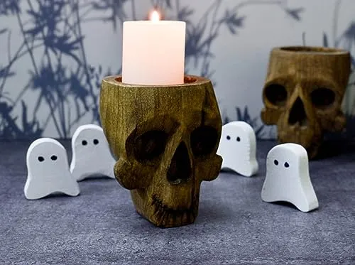 India House - Unleash Gothic Charm with The Enchanting Wooden Skull Tealight Holder: Perfect Oddities for Halloween and Beyond (Candle Holder Skull)